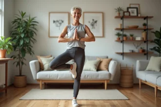 Femme senior souriante faisant du yoga dans un salon chaleureux