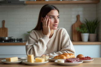 Femme pensant avec aliments trigger pour dermatite