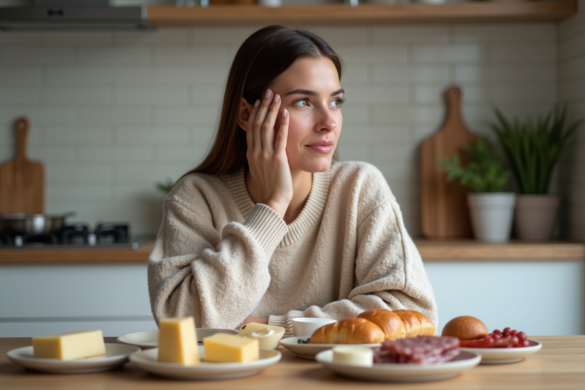 Femme pensant avec aliments trigger pour dermatite