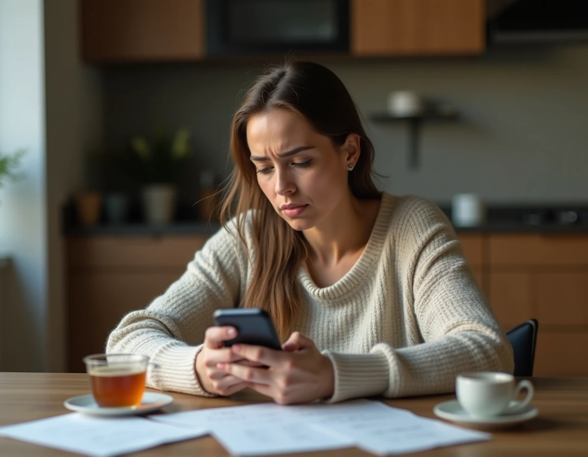 Femme adulte seule à une table de cuisine consultant son téléphone avec une expression anxieuse, symbolisant la réflexion sur comment répondre à une personne perverse narcissique