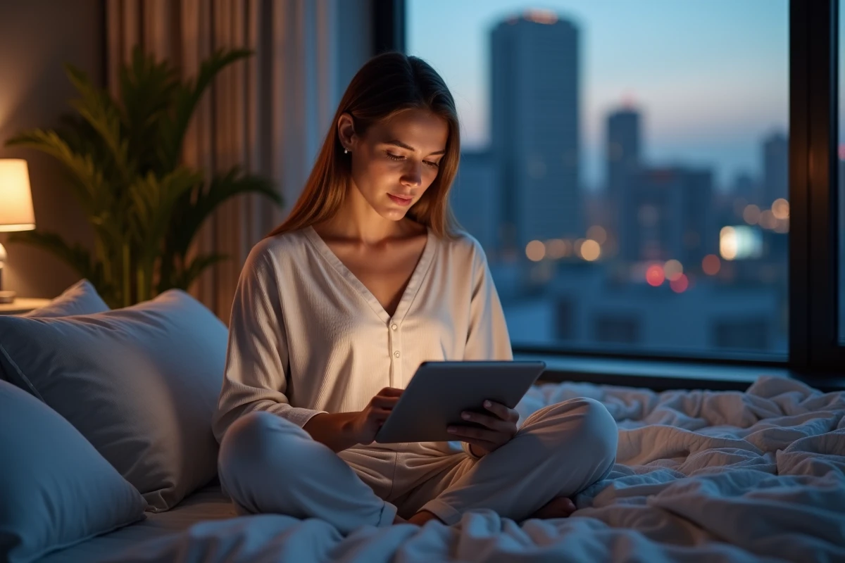 Jeune femme en pyjama utilisant une tablette pour son sommeil