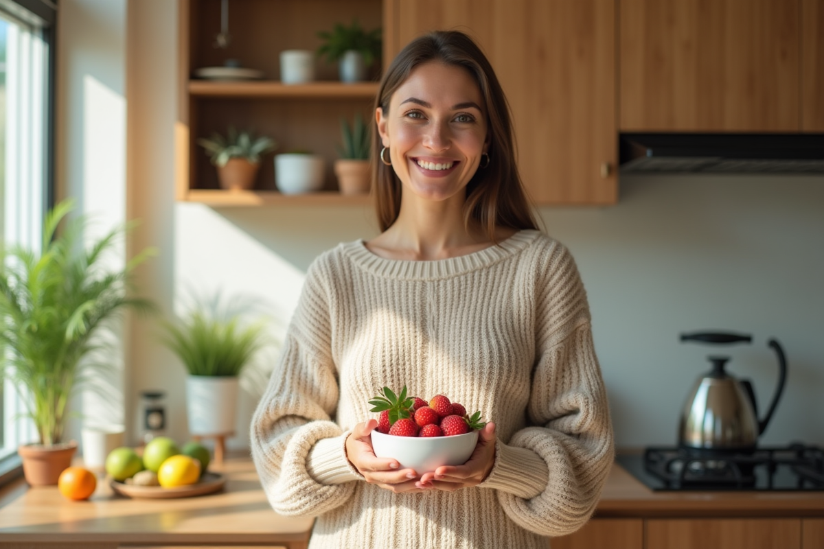 Femme souriante avec bol de fruits dans cuisine lumineuse