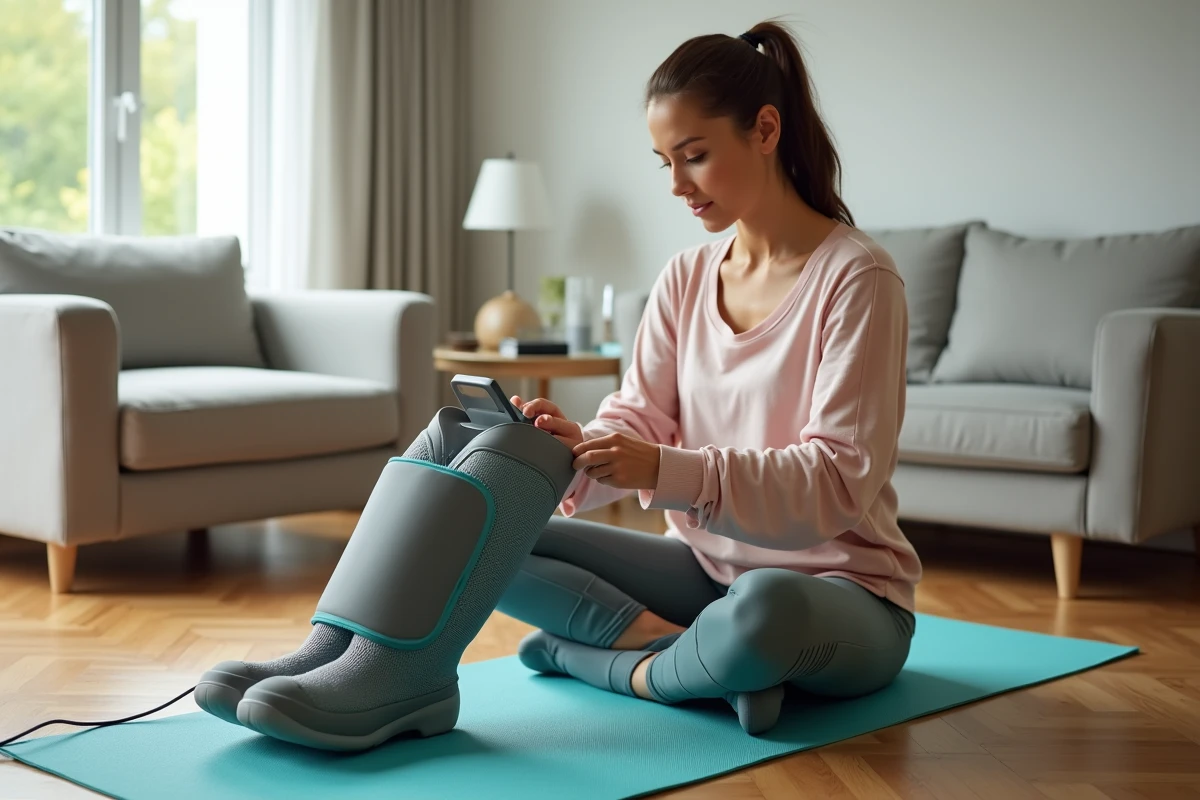 Femme sportive utilisant des bottes de récupération à compression pneumatique à domicile après une séance de course à pied