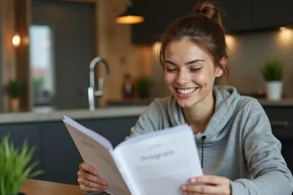 Femme souriante en tenue de sport dans une cuisine moderne