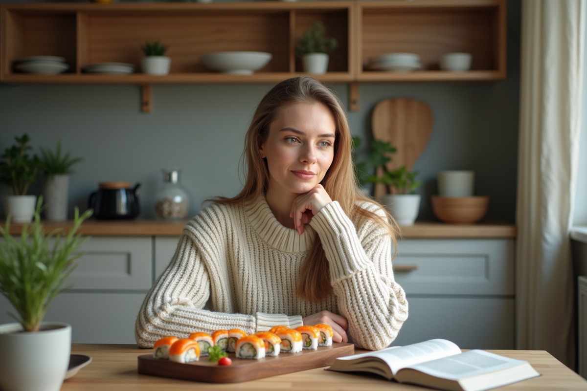 Femme contemplant un plateau de sushis dans une cuisine chaleureuse