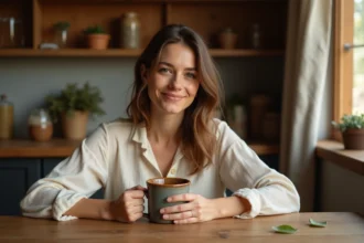 Femme tenant une tasse de thé rooibos fumant dans une cuisine rustique chaleureuse