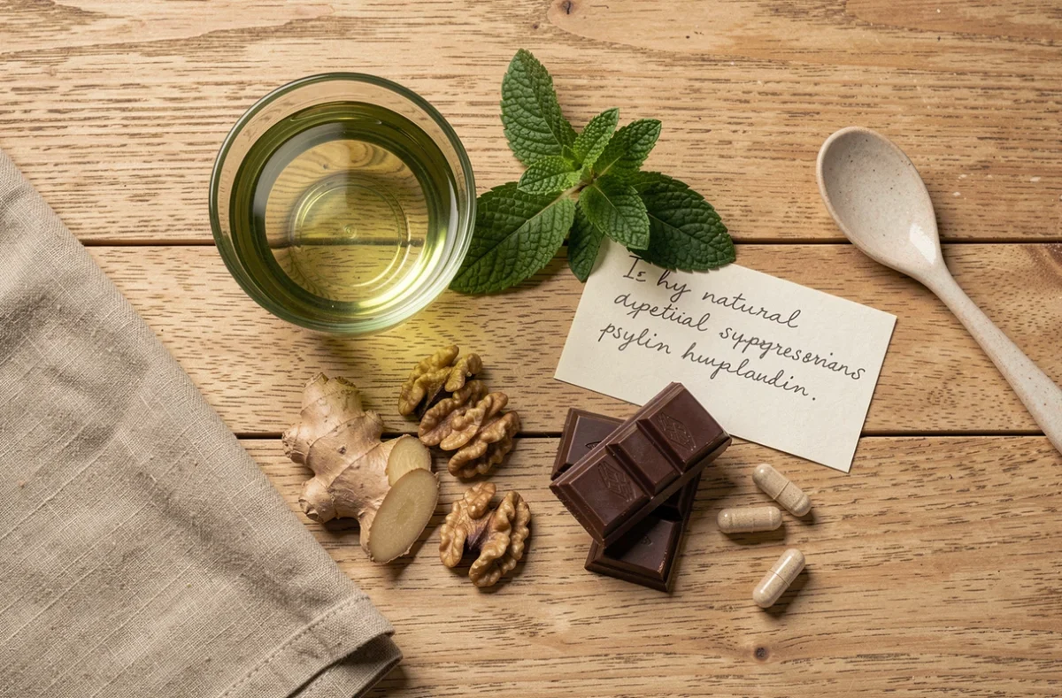 Vue de dessus d'aliments coupe-faim naturels pour maigrir du ventre incluant noix, gingembre, chocolat noir et thé vert