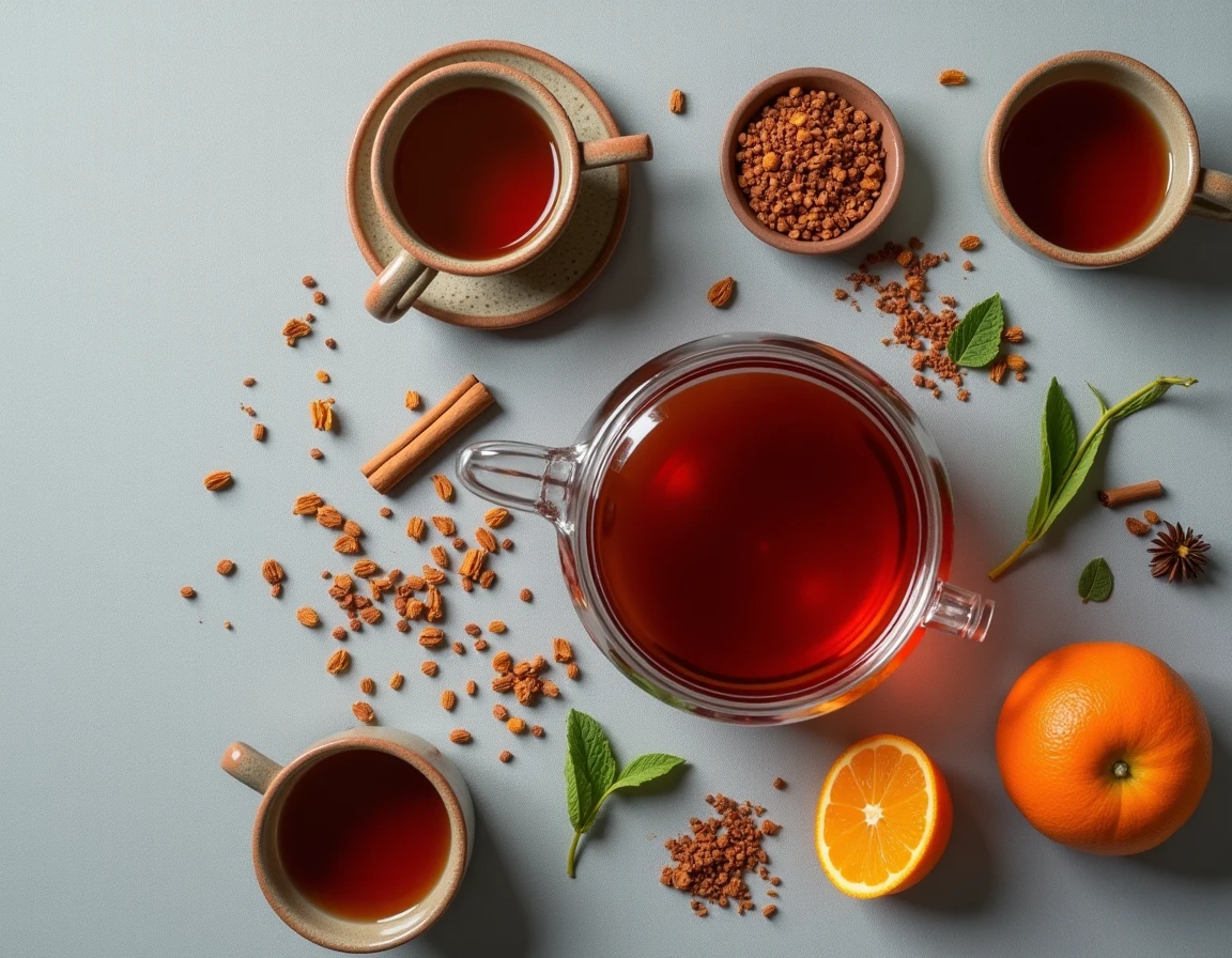 Vue de dessus d'une théière en verre de rooibos entourée d'ingrédients naturels sur lin gris