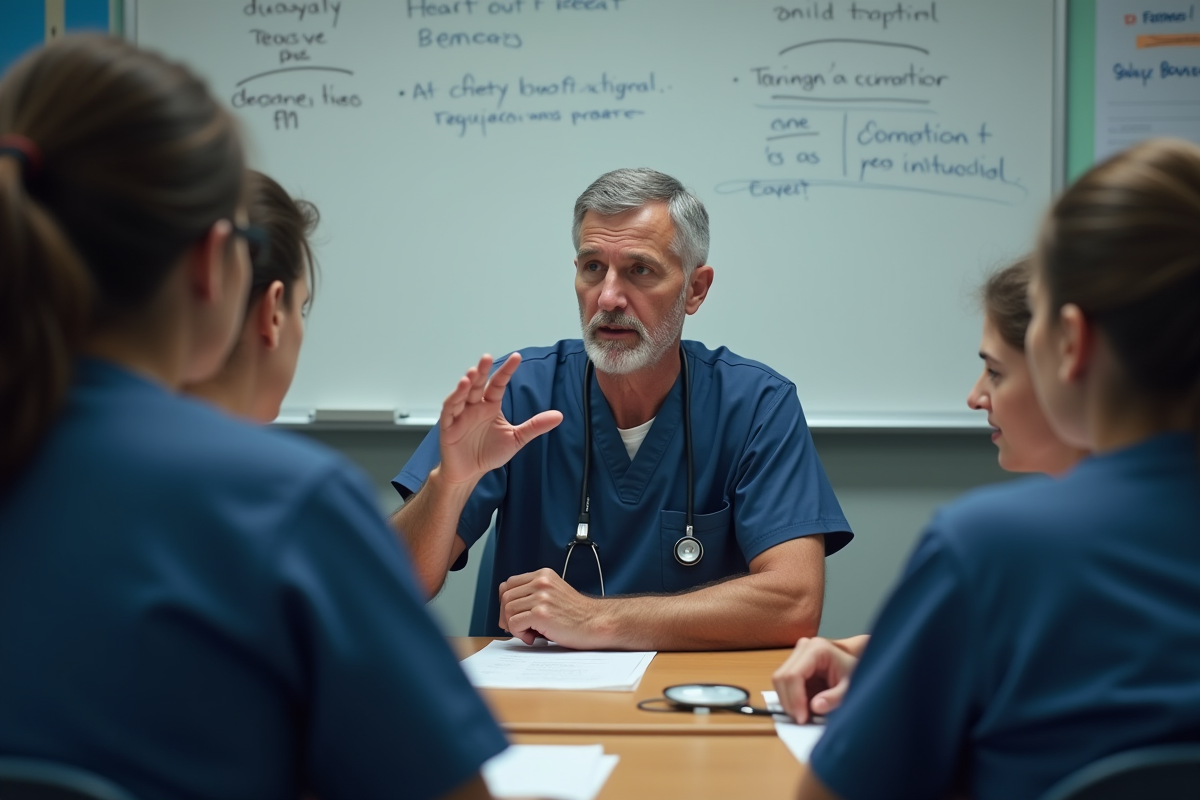 Instructeur en blouse bleue enseignant a des stagiaires en formation