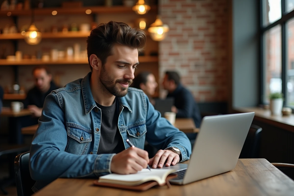 Jeune freelance en visioconference dans un café urbain