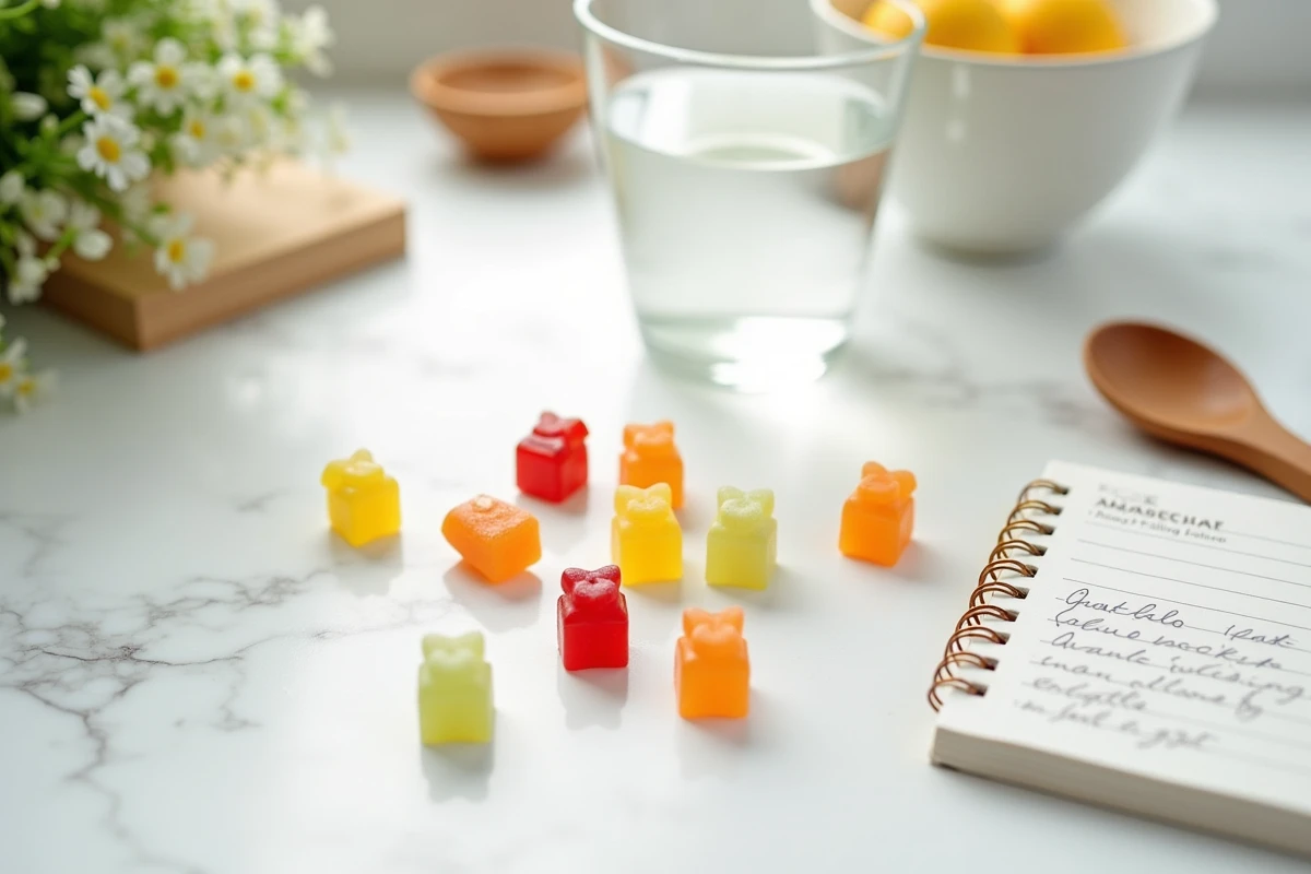 Gélifiés au collagène Bears with Benefits posés sur un plan de travail en marbre blanc avec carnet de notes, vue du dessus style routine bien-être
