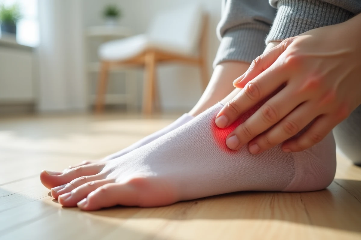 Gros plan sur le bord extérieur du pied humain avec légère rougeur au niveau du cinquième métatarse, palpation du nerf sural