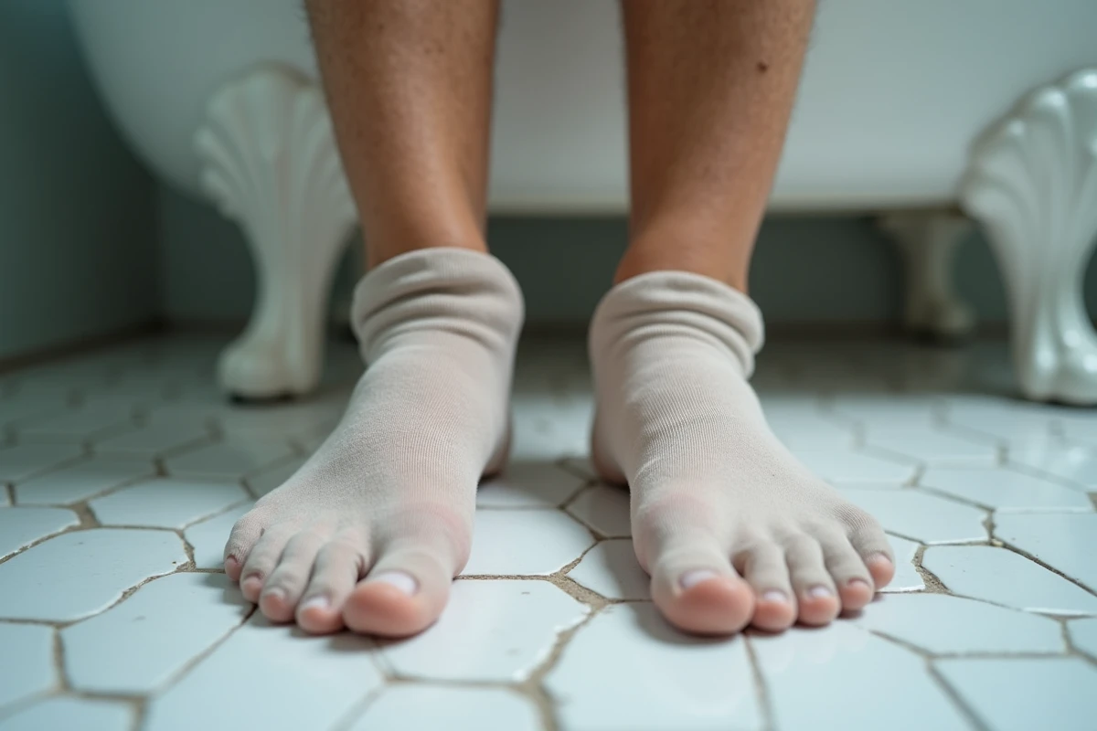 Gros plan de chevilles comparées montrant un œdème visible après une journée debout au travail