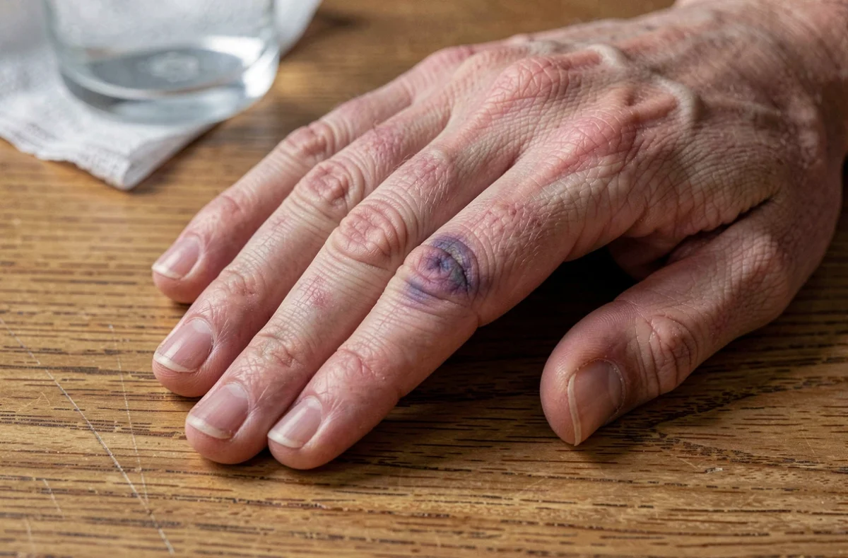 Gros plan macro d'un ongle blessé avec hématome sous-unguéal et gonflement autour de la matrice de l'ongle