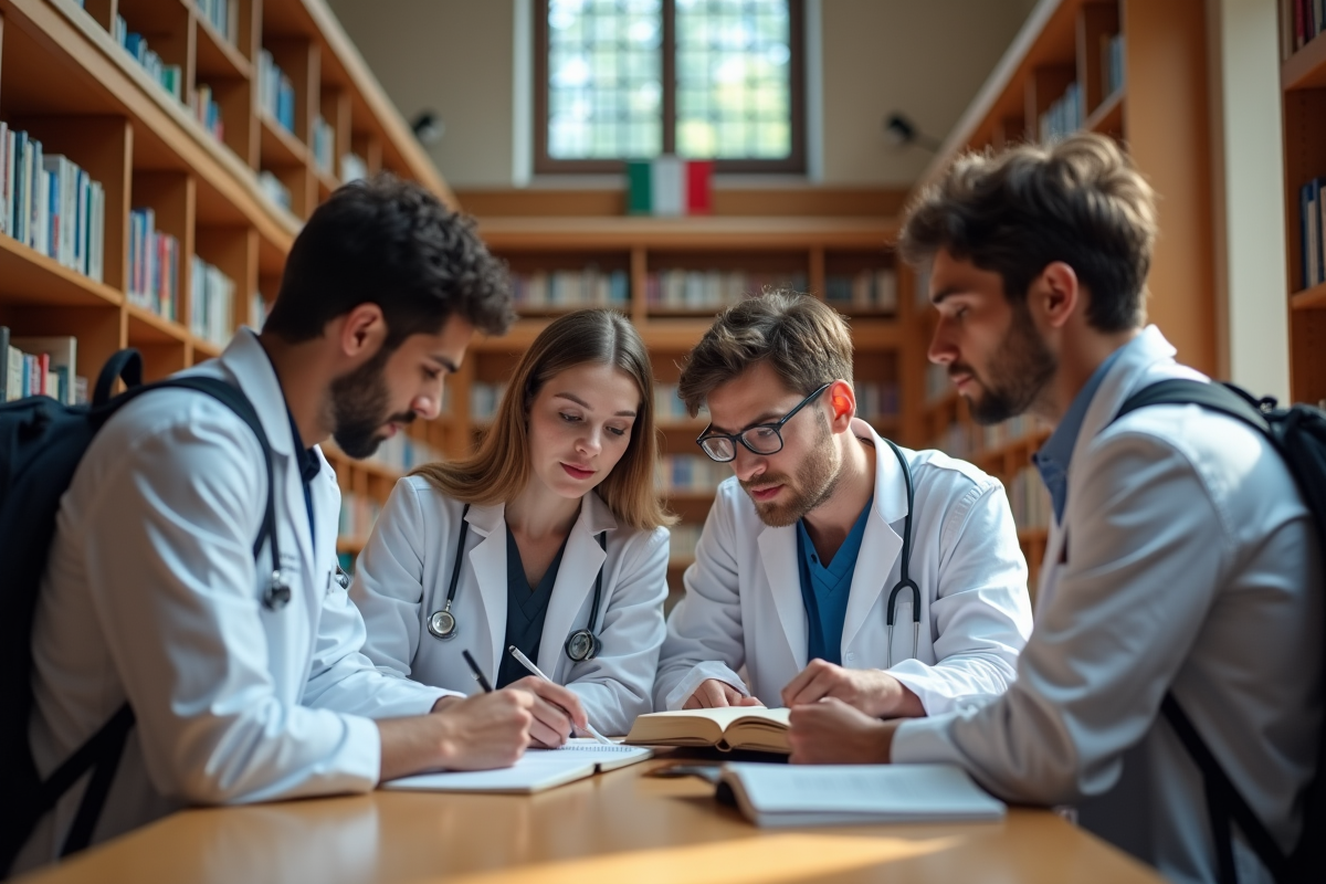 Groupe d'étudiants en médecine dans une bibliothèque universitaire