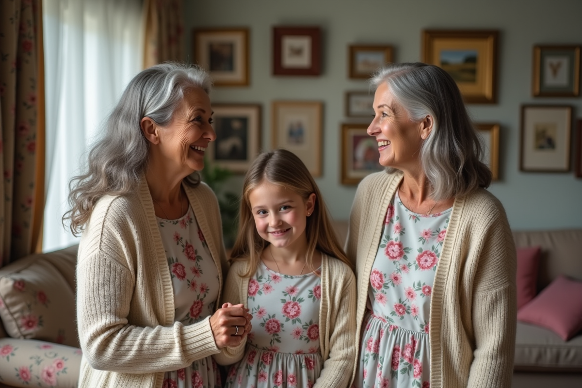 Deux générations de jumeaux souriants en famille