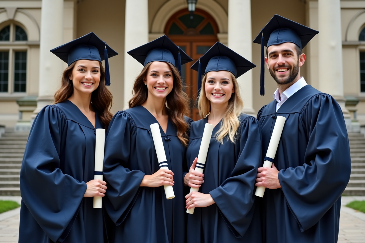 Groupe de diplômés en robes académiques devant un bâtiment