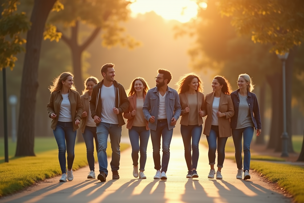 Groupe de personnes marchant dans un parc urbain ensoleille