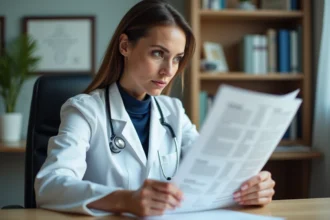 Hématologue femme consultant un bilan sanguin avec un taux TCMH élevé dans un cabinet médical moderne
