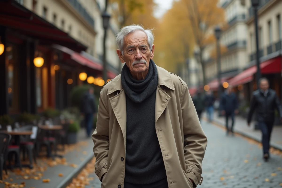 Homme âgé en imperméable beige marchant seul sur un boulevard parisien en automne, evoquant la fragilité et les dernières sorties publiques d'une personnalité française