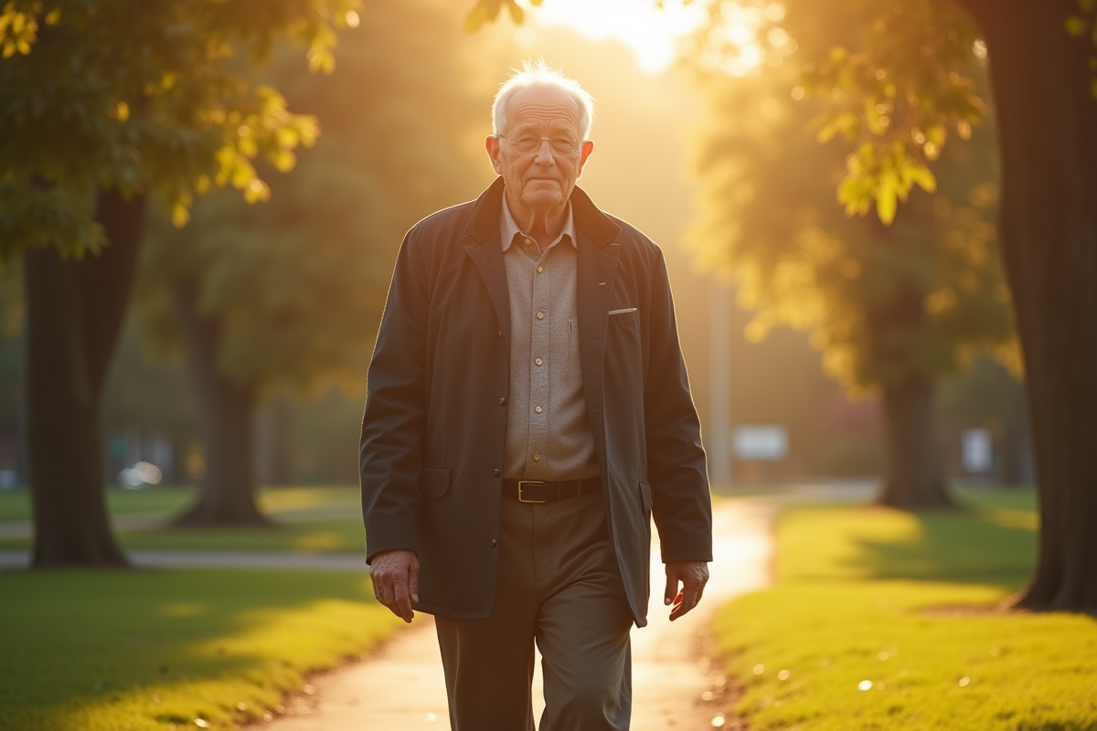 Homme âgé marchant dans un parc en plein soleil