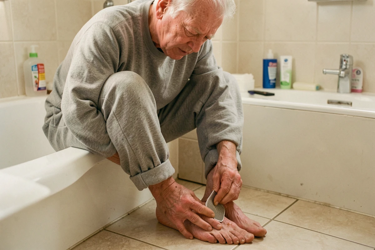 Homme âgé assis sur le bord d'une baignoire essayant de limer ses ongles de pieds épais avec une lime métallique