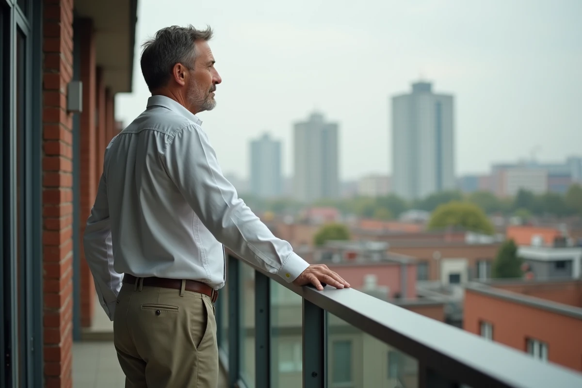 Homme regardant la ville depuis un balcon urbain