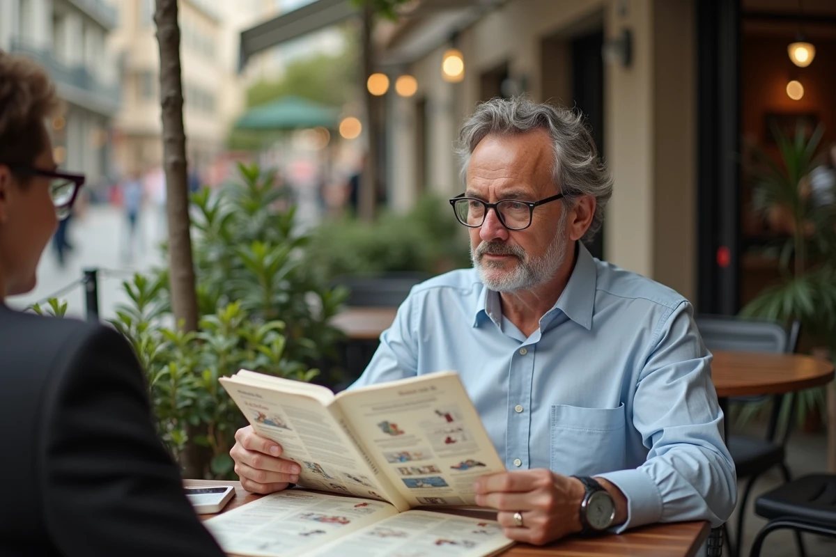 Homme expliquant Kiunhuskectayaz au café avec guide illustré