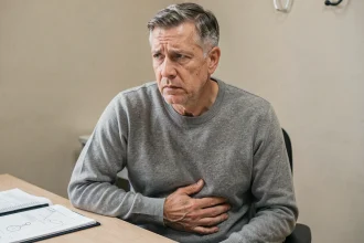 Homme d'âge mûr consulte un médecin pour des douleurs abdominales, signe possible du cancer de l'estomac