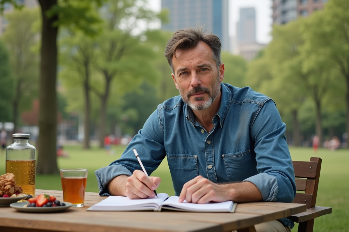 Homme méditant avec carnet et snacks en plein air dans un parc