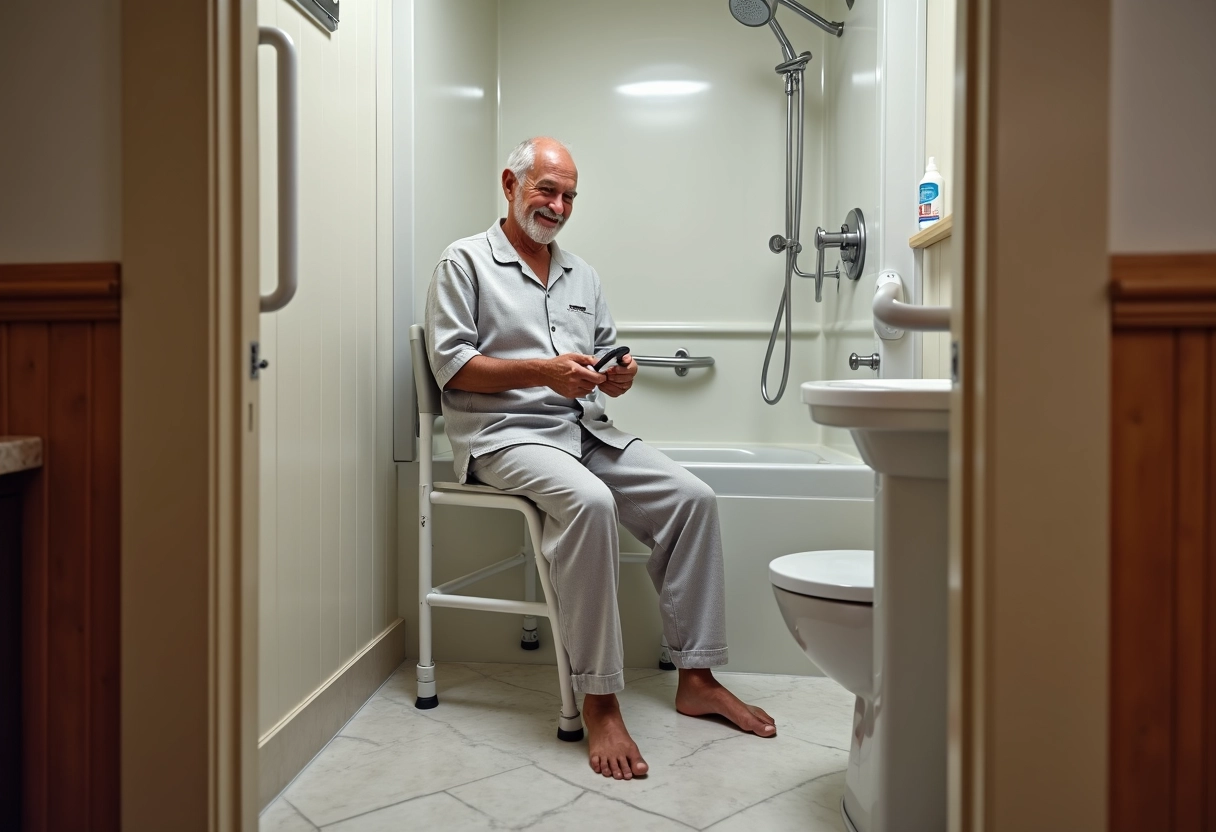 Homme âgé assis sur un banc de douche ajustant la tête de douche