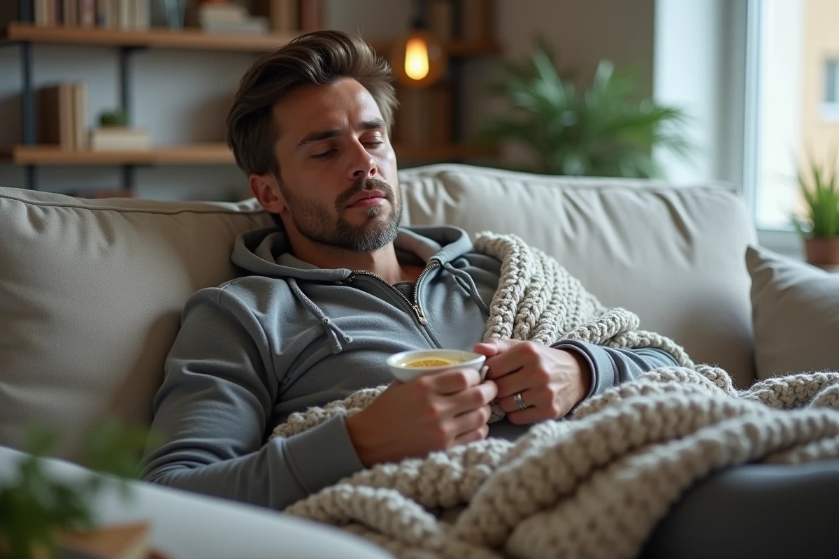 Homme enrhumé allongé sur un canapé avec une infusion de thym chaude, remède naturel contre la toux et la gorge irritée