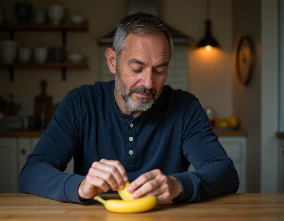 Homme d'une quarantaine d'années qui épluche une banane le soir à table dans le cadre d'un régime minceur
