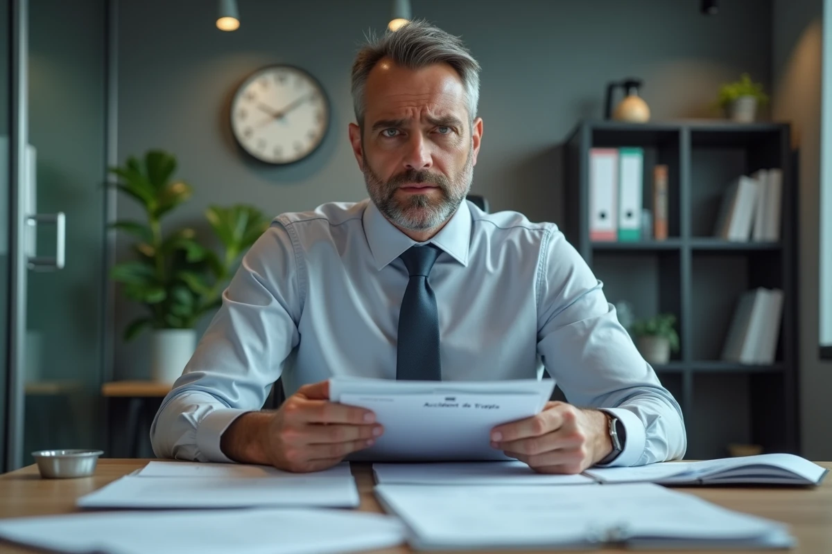 Homme d'âge moyen inquiet au bureau avec dossier accident de travail