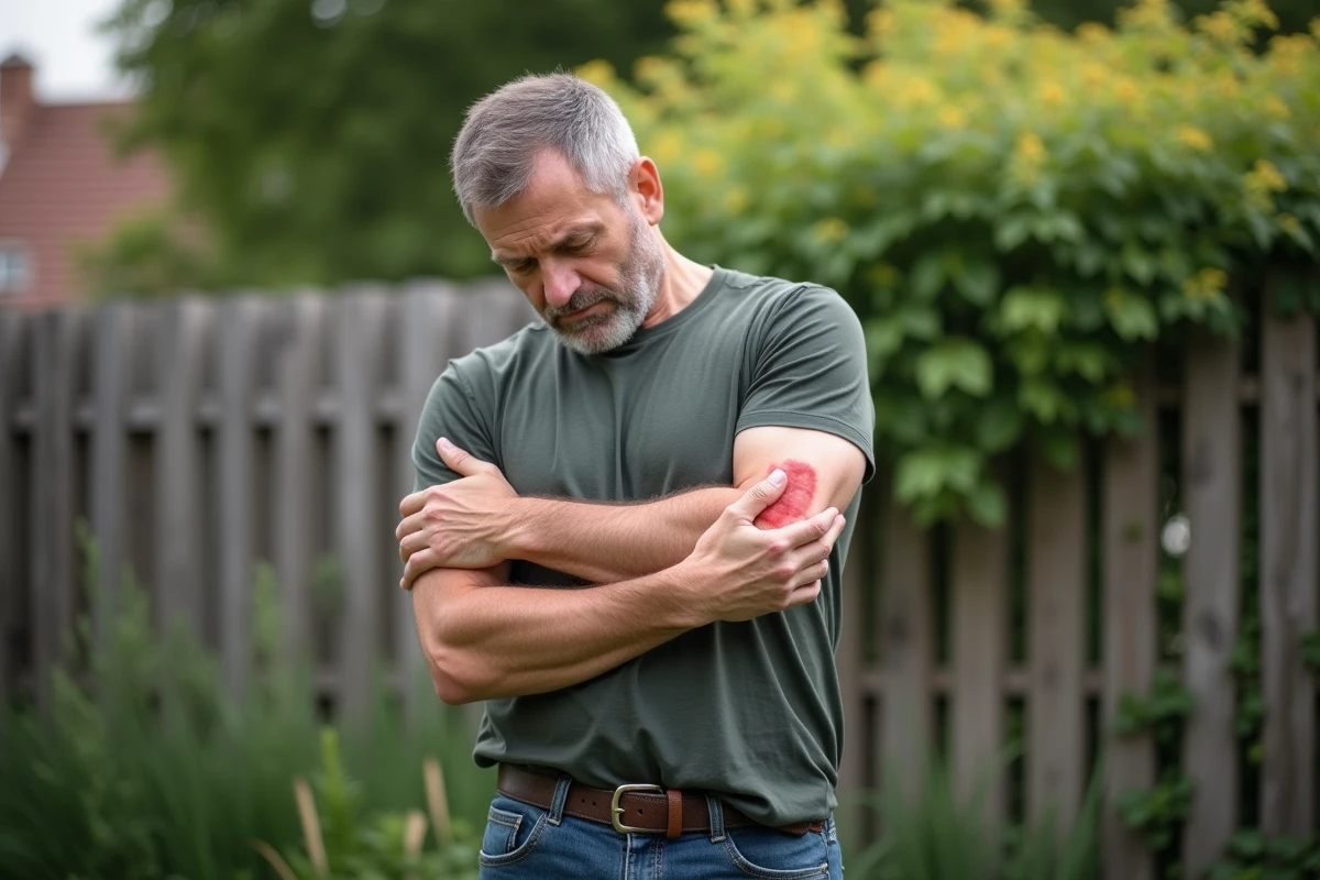 Homme regardant une tache rouge sur son bras en extérieur