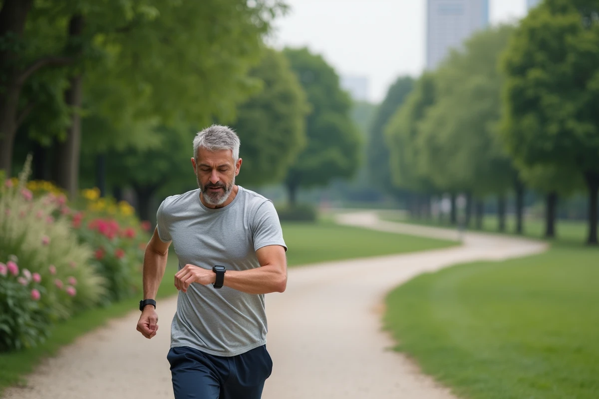 Homme courant dans un parc urbain