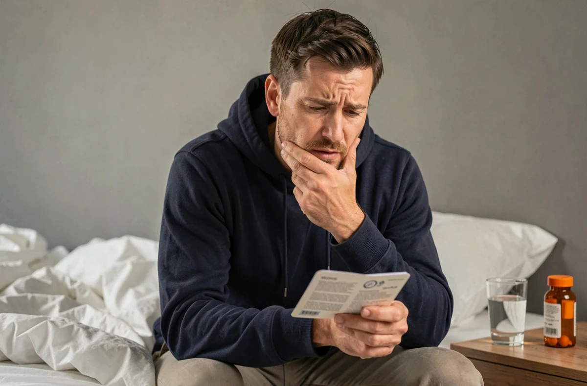 Homme lisant une notice de médicament anti-inflammatoire et antibiotique avec une expression inquiète, assis sur un lit dans une chambre