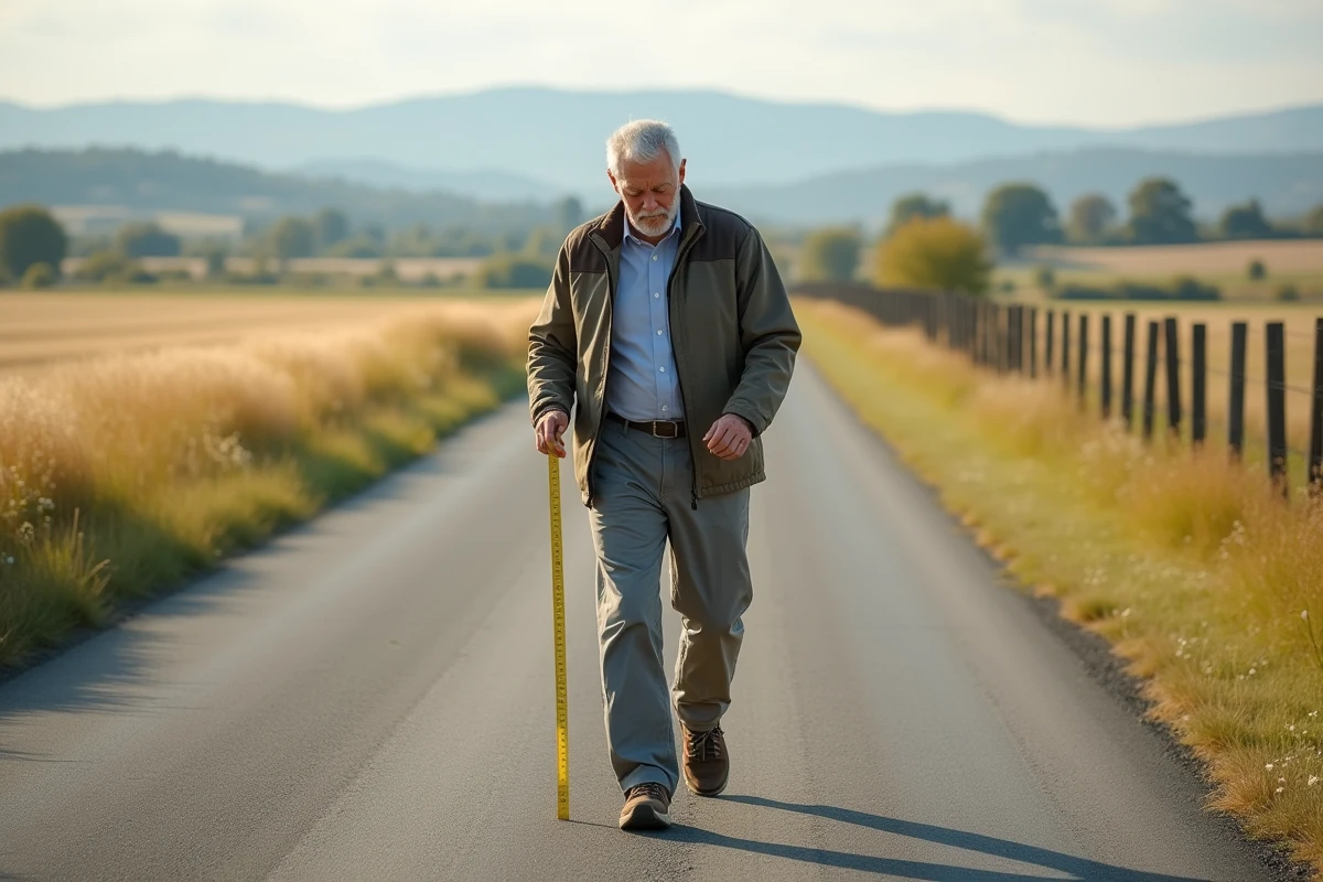 Homme âgé mesure sa distance sur une route de campagne