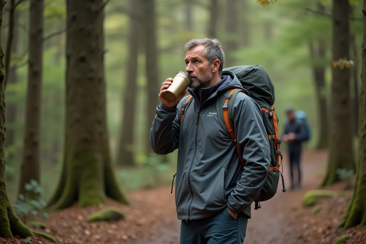 Homme en plein air buvant une boisson aux champignons sur un sentier forestier