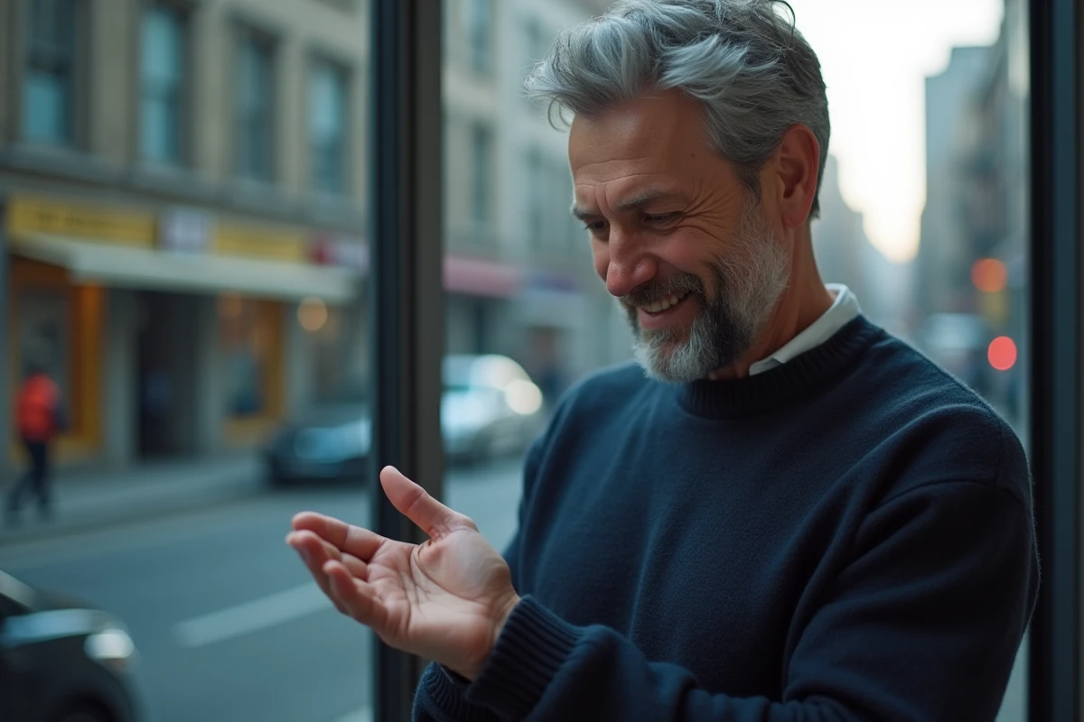 Homme observant sa main gauche avec une expression pensive, illustration de la superstition liée aux démangeaisons de la paume