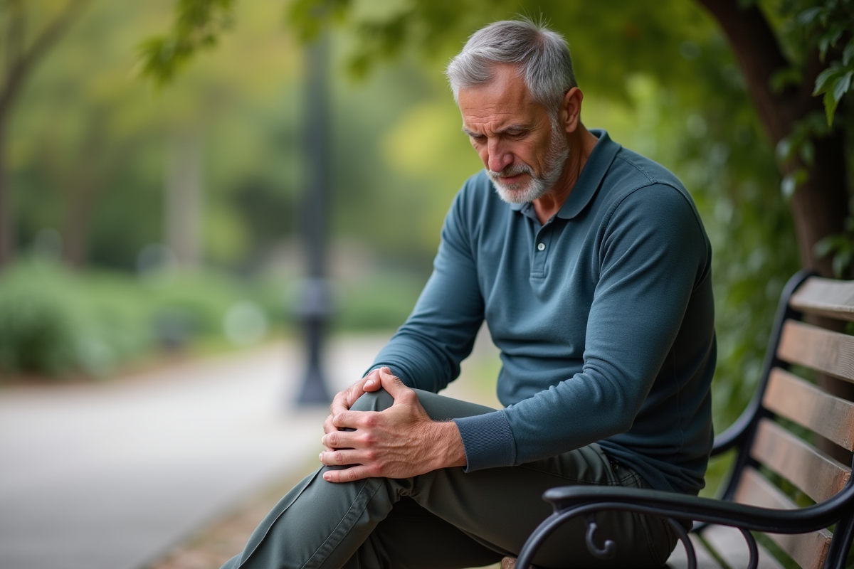Homme assis sur un banc dans un parc en train de se masser le genou