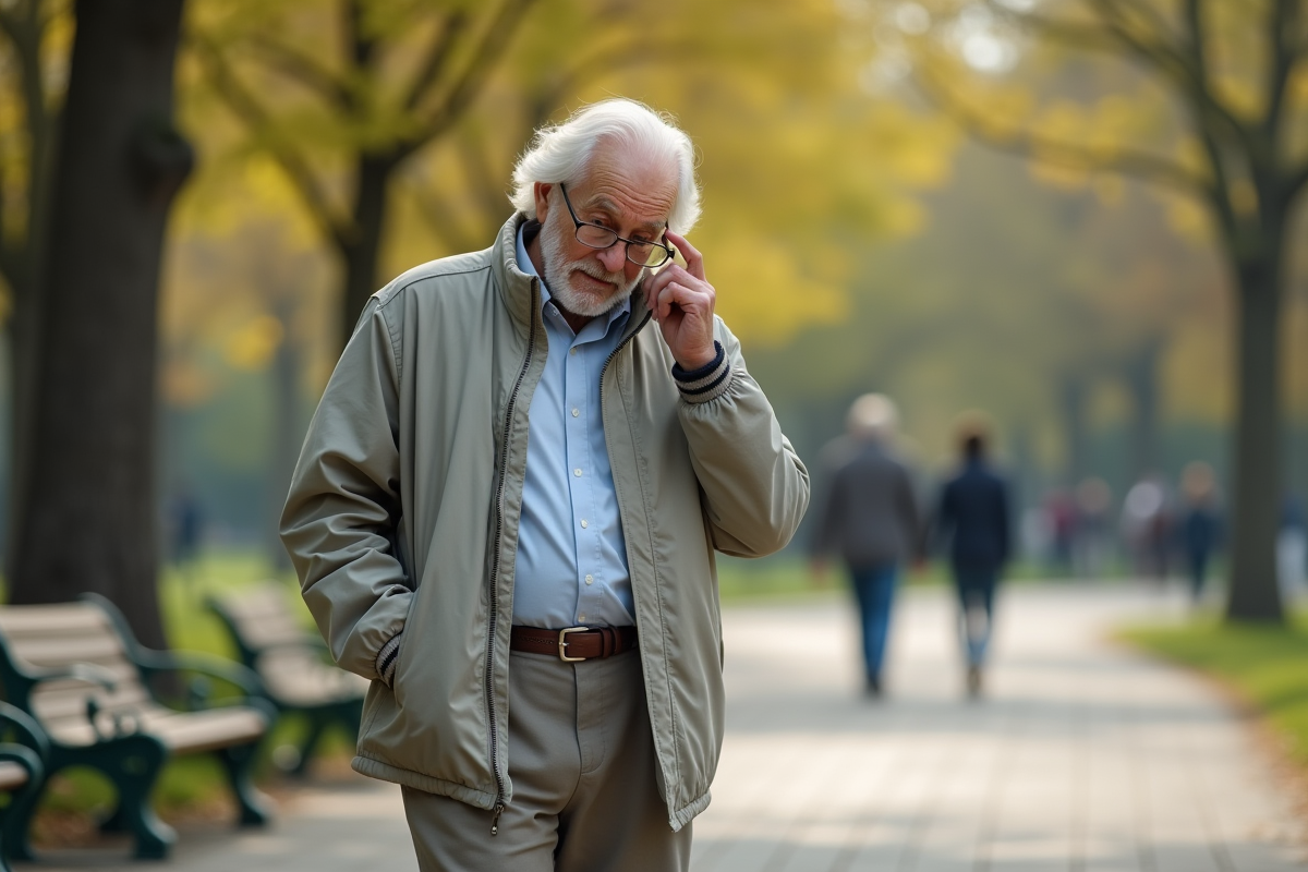 Homme âgé touchant sa tempe dans un parc public