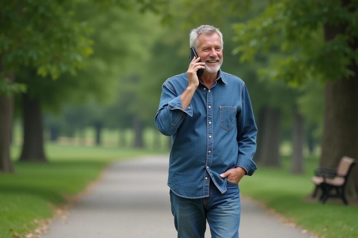 Homme marchant dans un parc parlant au téléphone