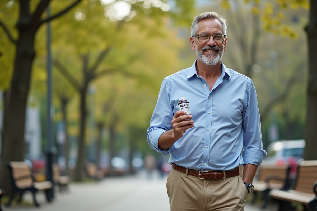 Homme confiant tenant une bouteille de compléments dans un parc