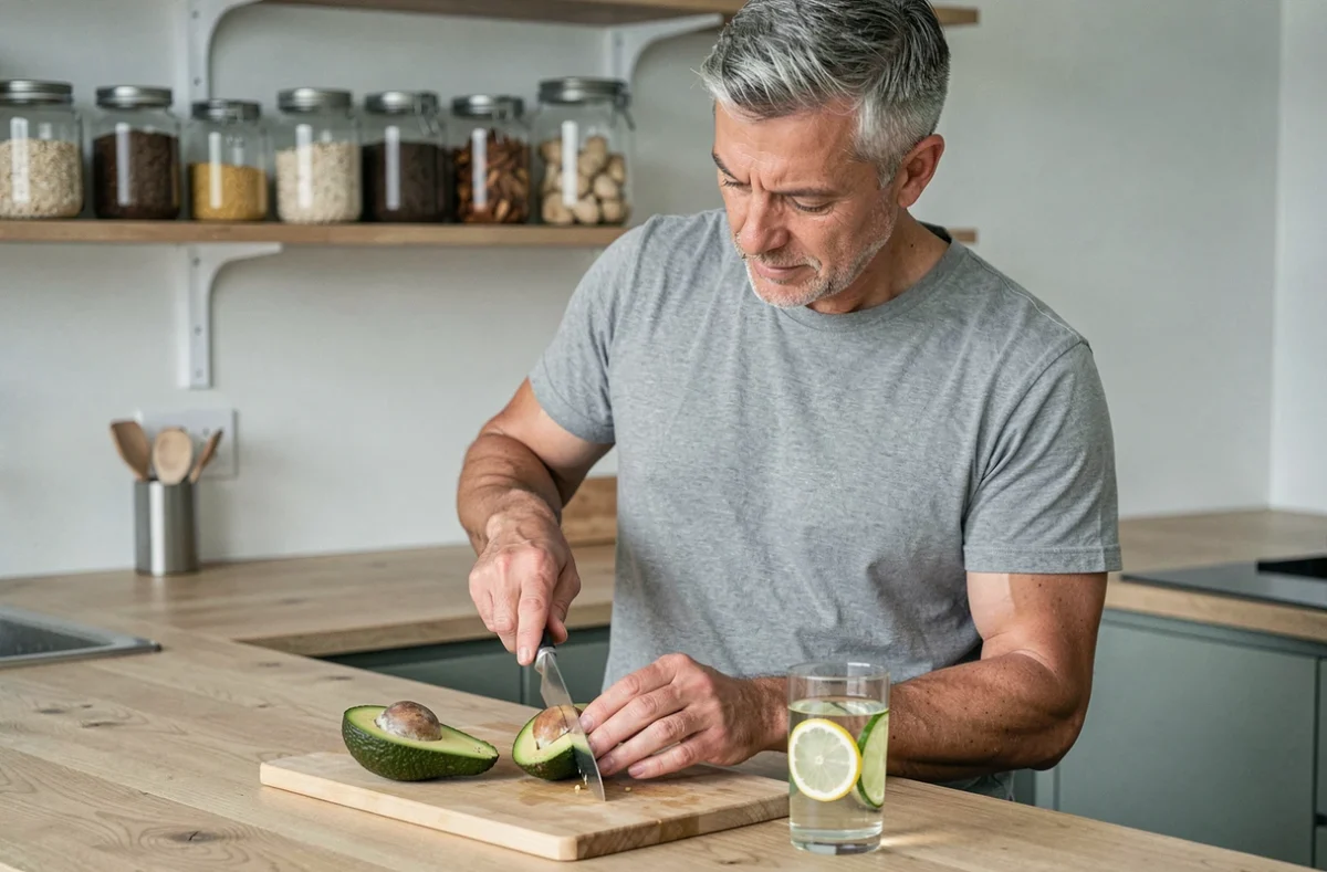 Homme préparant des aliments coupe-faim naturels comme l'avocat et l'eau infusée au concombre pour mincir du ventre
