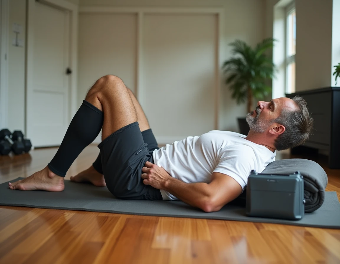 Homme allongé utilisant un appareil de pressothérapie abordable pour la récupération musculaire des jambes