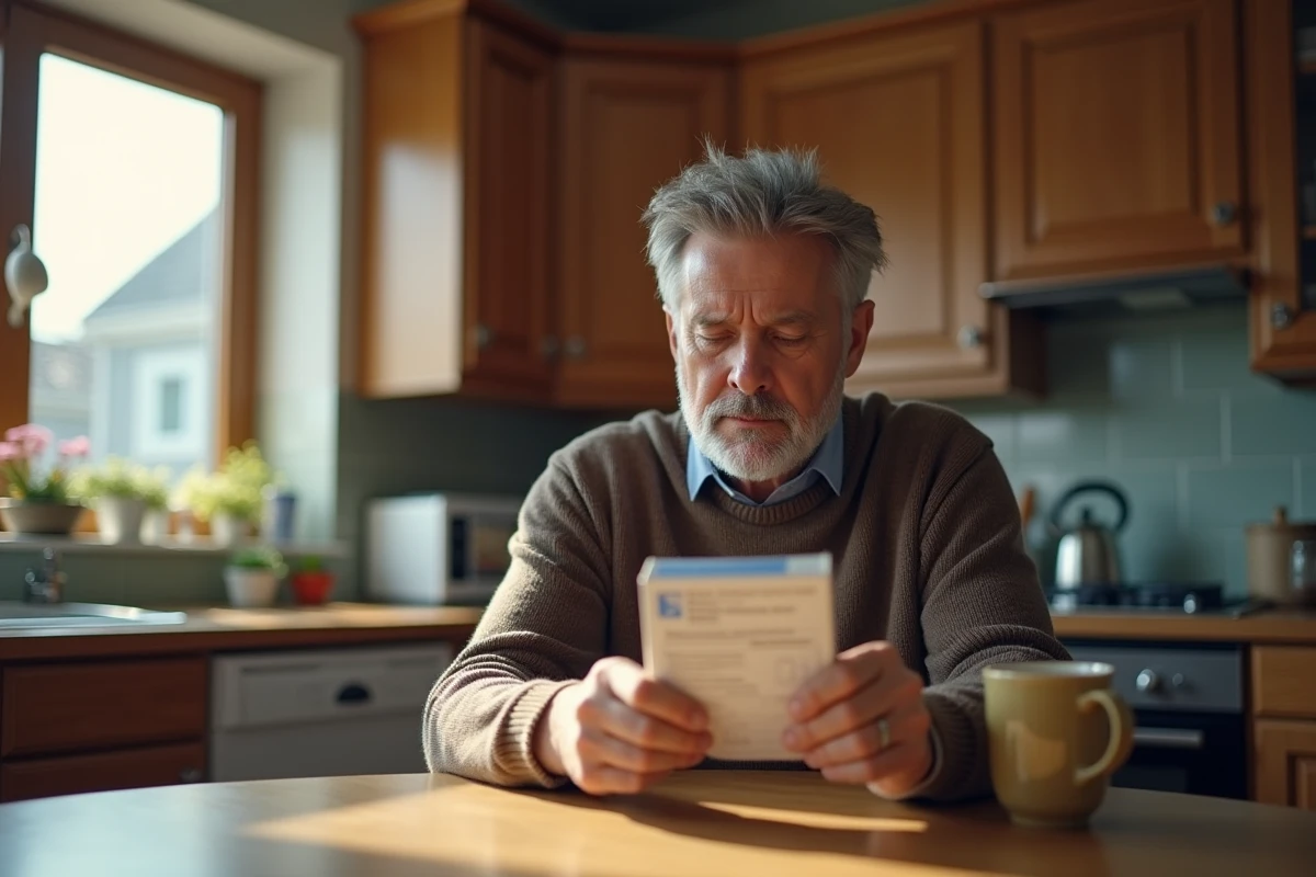 Homme d'âge moyen lisant une étiquette de médicament dans sa cuisine