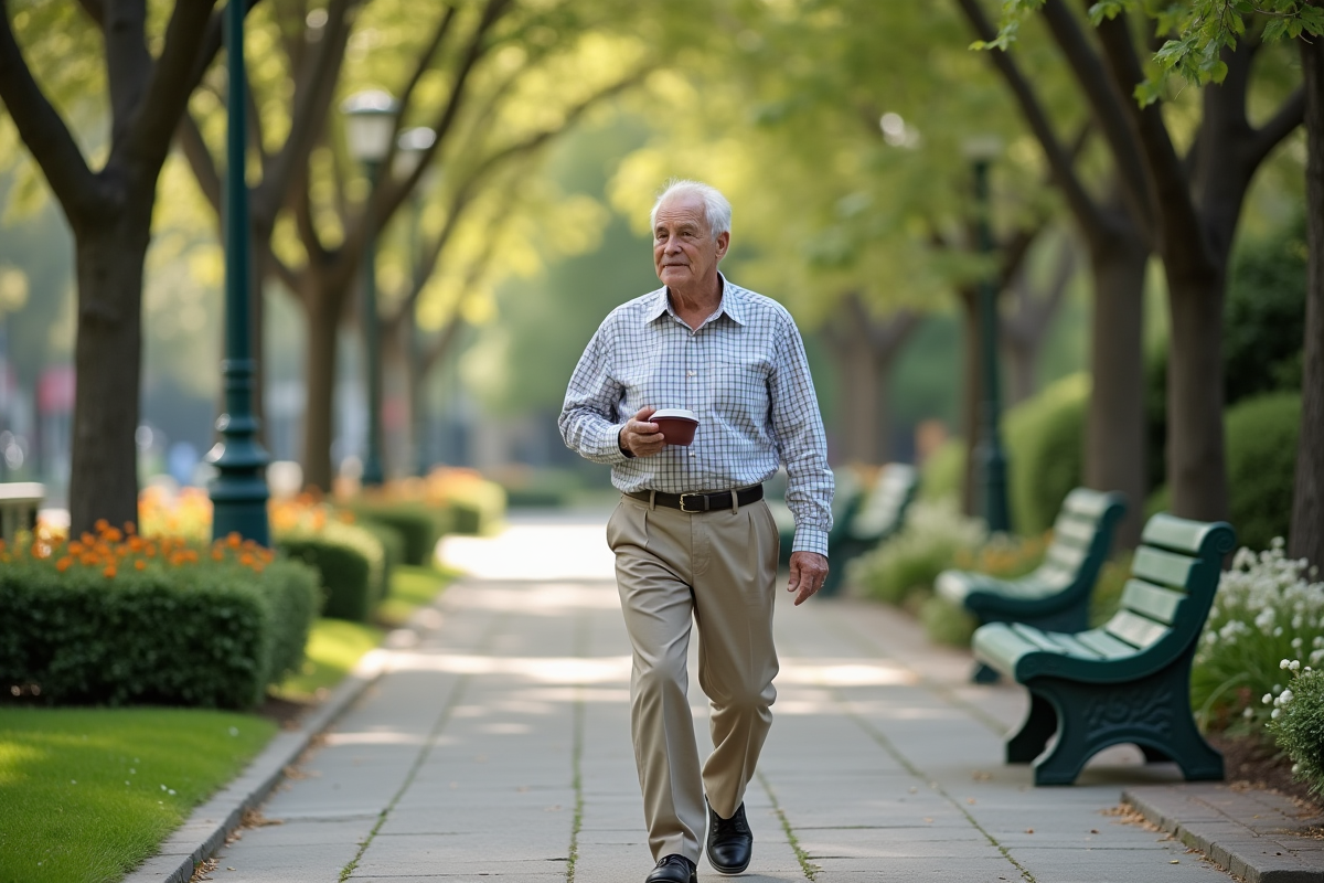 Homme âgé marchant dans un parc urbain avec lunch