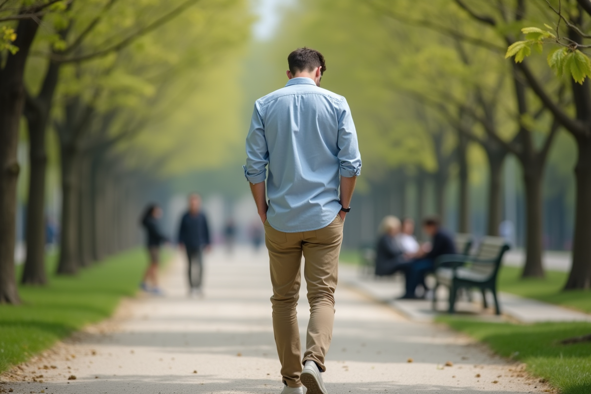 Jeune homme marchant dans un parc urbain calme