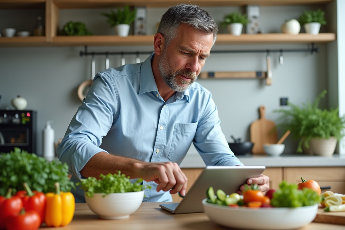 Homme en cuisine préparant une salade saine pour l article
